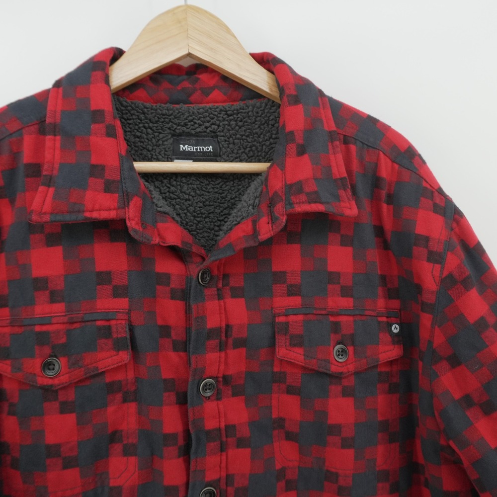 Marmot Flannel Shirt Jacket Mens XL Red Black Plaid Sherpa Lined M 44300